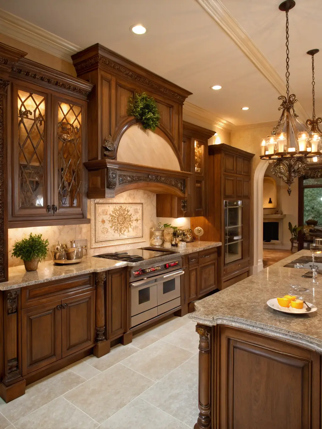 A classic kitchen featuring traditional-style cabinet doors with intricate detailing and a warm, inviting color palette. The kitchen includes a farmhouse sink and vintage-inspired fixtures.