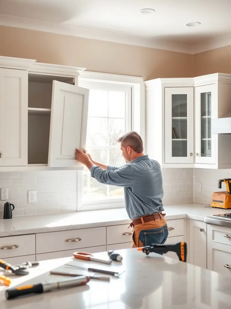 A modern kitchen with new cabinet doors being installed by a professional, showcasing a bright, refreshed space and efficient work in progress.