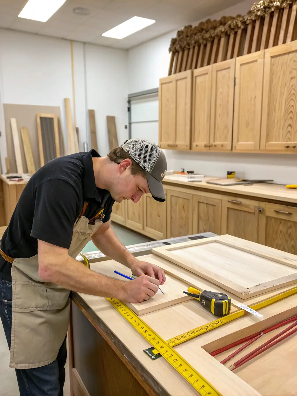 A craftsman carefully fitting a made-to-measure kitchen door, highlighting attention to detail and high-quality materials in a well-lit workshop.