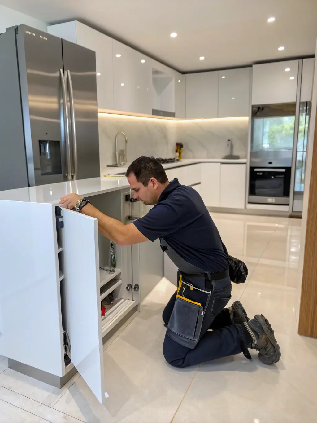 A smiling installer finishing a kitchen makeover in just two days, with tools neatly arranged and a completed section gleaming in the background.