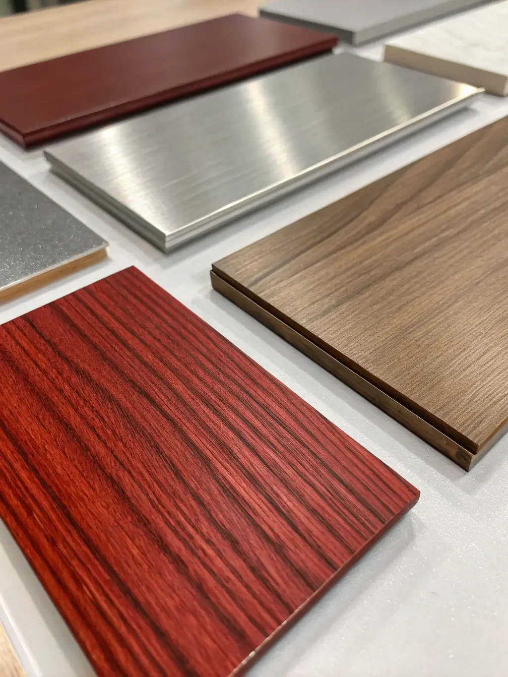 A close-up of custom kitchen doors in various colors and finishes, laid out for a client to choose, emphasizing personalization and variety.